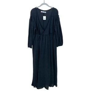 NEW Free People Beach Maxi Wrap Dress Women's XL Black Boho Long Sleeve NWT - Picture 1 of 9