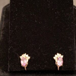Vintage Gorgeous Lilac Stone Rhinestone Trim Gold Tone Clip On Earrings