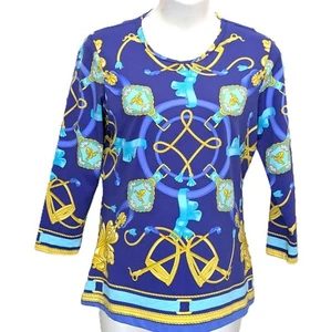 J McLaughlin Catalina Cloth Equestrian Blue 3/4 Sleeve Top NWT Women's Small - Picture 1 of 15