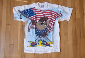 Vintage 90s Looney Tunes Taz American Flag Shirt M Single Stitch USA - Picture 1 of 9