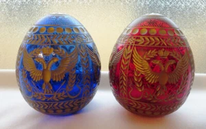 TWO Russian Crystal Glass Eggs Hand Etched, Feberge Style, Ruby Red & Royal Blue - Picture 1 of 8
