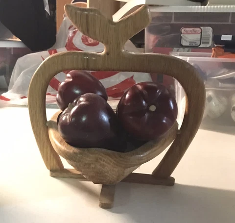Expandable Wooden Foldable Basket Apple Shaped 10 Inches Tall 9 1/4”inches Wide Cover
