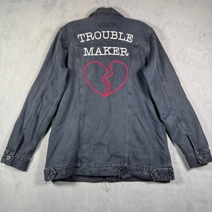 Lucky Brand Womens Trucker Denim Jacket M Blue Trouble Maker Embroidery Grunge - Bild 1 von 11