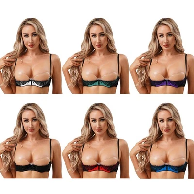 Women Floral Lace Bra Lingerie 1/4 Cups Push Up Underwire Bralette Balconette - Image 1 of 3