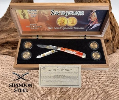 Case XX USA Sacagawea 4 Yr US Mint Set w/4 Gold Dollars Corelon Trapper Knife - Image 1 of 4
