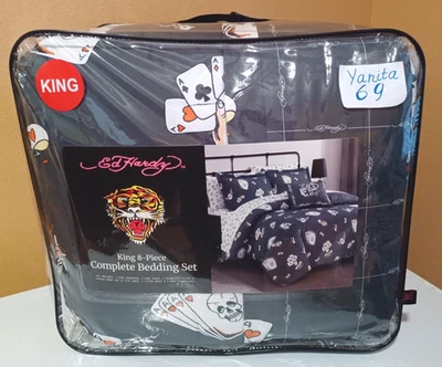 Ed Hardy Grey w/Cards &Tattoo Designs 8p KING Set Comforter,Shams,Sheets,Pillow - Image 1 of 4
