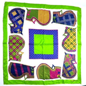 Celine 100% Silk Scarf Horse Blankets Green Blue Multicolor 33-1/8" x 33-5/8" - Picture 1 of 17