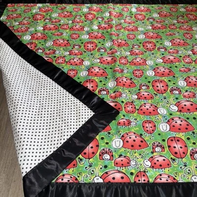 Happy Lady Bugs Handmade Baby Toddler Blanket Black Satin Trim Polka Dots 42x34” - Image 1 of 4