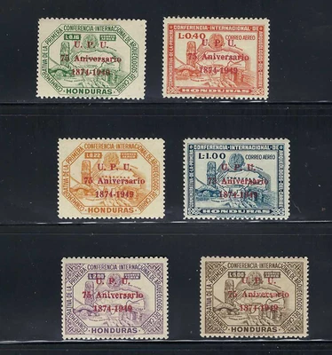 UPU .- 75 ЛЕТ. 1874-1949 SC181-86 С НАДПЕЧАТКОЙ В КАРМИНЕ {6} ГОНДУРАС - Изображение 1 из 2