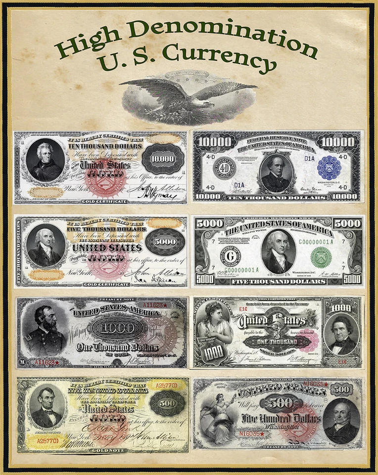 U S High Denomination Currency Poster 16" X 20" $10,000 thru $500 (see credit) - Image 1 of 1