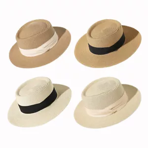 Fashion Straw Boater Hat Wide Brim Summer Beach Sunhat Flat Top Caps Women Men - Picture 1 of 18