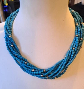 VINTAGE Wood/Seed Bead Necklace Twisted Multi Thread Silver Effect Pretty Blues - Picture 1 of 12