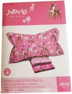 NOVIA Completo Letto Singolo 3 pz Bambina Compatibile Fantasia Bambi 100% Cotone
