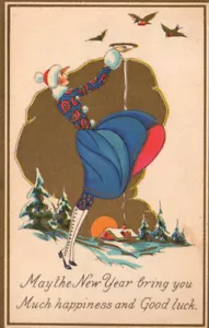VTG 1920s DECO NEW YEAR'S PC WOMAN IN SANTA HAT RAISES VESSEL TO FEED BIRDS - Picture 1 of 2