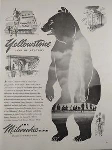 1946 Visit Yellowstone via the Milwaukee Road Railroad Print Ad ~ Grizzly Bear - Foto 1 di 7