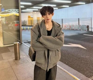 Men's Fashion Hood Long Sleeve Loose Wool Jackets Youth Casual Sweatshirt Coats - Picture 1 of 12