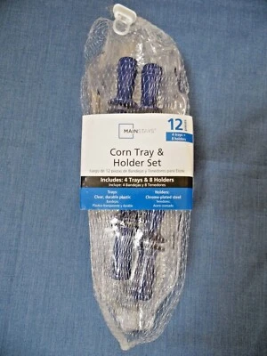 4 bandejas transparentes de mantequilla de maíz en la mazorca y 8 brochetas azules para picnic sin líos   Foto 1 de 4