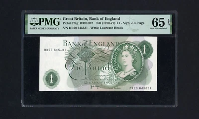 GB UK GREAT BRITAIN ERROR BANKNOTE P-374g , ND(1970-77) , 1 Pound , PMG 65 EPQ - Image 1 of 2