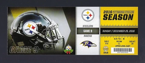 2016 NFL BALTIMORE RAVENS @ PITTSBURGH STEELERS FULL UNUSED FOOTBALL TICKET Cover