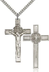 Sterling Silver Saint Benedict Crucifix Medal Pendant Necklace 24" Chain Gift - Picture 1 of 3