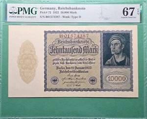 1922 BILLETE DEL REICH ALEMANIA 10.000 MARCOS P# 72 TIPO D PMG 67 EPQ EXCELENTE GEMA UNC - Imagen 1 de 3