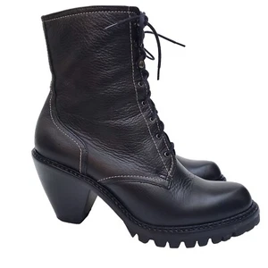 VIA SPIGA Black Leather Lace Up Lug Sole Combat Ankle Boots Heels Sz 6.5 BRAZIL - Picture 1 of 12