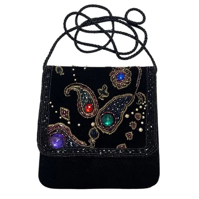 80s Velvet Embroidered Formal Purse Small Black Beaded Glam Retro Chic Classic - Image 1 of 4