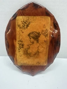 Vintage MCM Wood Lacquered Wall Plaque Decor Victorian Woman Flowers - Picture 1 of 10