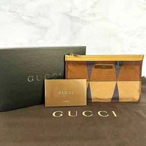 GUCCI Flat Pouch Nylon Leather Beige Navy Brown with Box Vintage Serial 039-9110 - Picture 1 of 9
