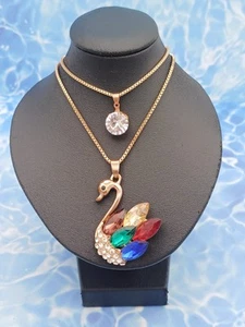 Stunning Layered Gold Tone & Multicoloured Crystal Swan Pendant Chain Necklace - Picture 1 of 14