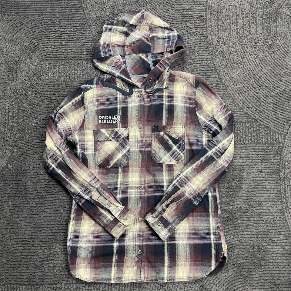 Carhartt Women's Small Plaid Flannel Hoodie Shirt Jacket Maroon Navy - Image 1 of 4