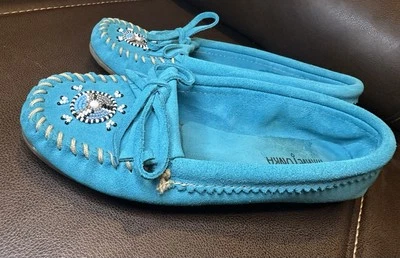 Minnetonka Turquoise Suede Me To We Moccasins with Bead Details Size 7 - Image 1 of 4