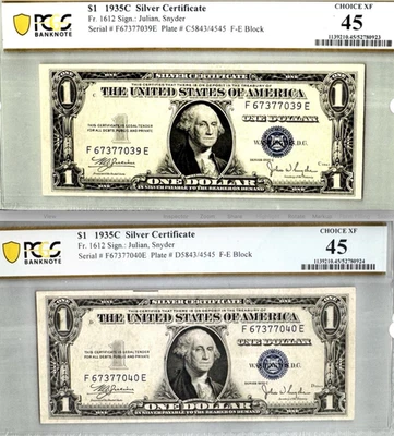 1935-C $1 Silver Certificate (SEQUENTIAL PAIR) PCGS 45 CHOICE XF  Fr. 1612 - Image 1 of 4