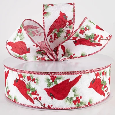 2.5" Linen Big Cardinal on Holly Ribbon: White (10 Yards) - Image 1 of 2