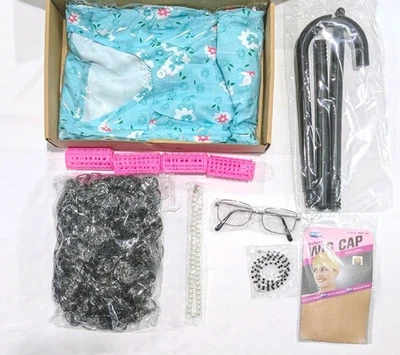 11 Piece Old Lady Halloween Costume Dress Wig Glasses Necklace Hair Rollers Cane - Image 1 of 2