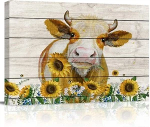 Canvas Oil Painting Rustic Wooden Framed Cattle Cow Hold Sunflower Wall Painting - Picture 1 of 4