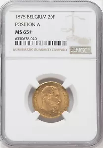 BELGIUM , GOLD 20 FRANCS 1875 - NGC MS 65+ ,,, RARE8 - Picture 1 of 2