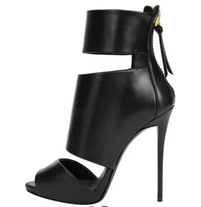 Damen-Sandalen schwarz PU-Leder offene Zehenpartie Reißverschluss hinten hohe Stilettos Absätze Stiefel - Bild 1 von 5
