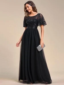 Gorgeous NEW Black Ever-Pretty Women's Formal Dress Sequin Ruffle Empire L XL 10 - Picture 1 of 13