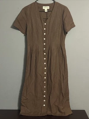 Vestido Orvis Marrón Mezcla de Lino Cuello en V Abotonado Talla 10 Foto 1 de 3