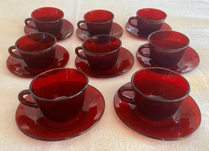 Set Of 8 Vintage 1950’s Anchor Hocking Red Ruby Cranberry Glass Cups And Saucers - Picture 1 of 8