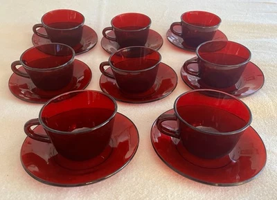 Set Of 8 Vintage 1950’s Anchor Hocking Red Ruby Cranberry Glass Cups And Saucers - Image 1 of 4