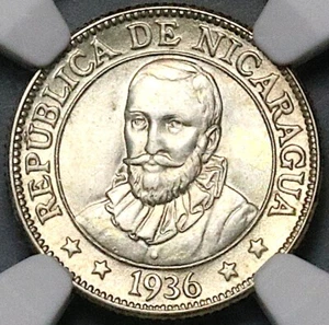 1936 NGC MS 65 Nicaragua 10 Centavos Volcanos Cordoba Coin POP 6/2 (24090601C) - Picture 1 of 6