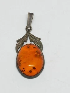 Vintage Sterling Silver Honey Amber Cabochon Delicate Pendant - Picture 1 of 9