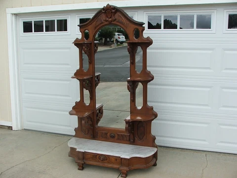 Quality Antique Victorian 6' 10" Decorative Walnut & Marble Etagere, Hall Tree Cover