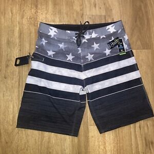 Burnside Mens Size 36 Swim Trunks Board Shorts Black Stars Stripes, Wax Comb NWT