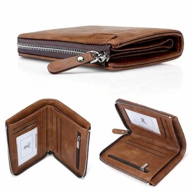 Mens RFID Blocking Bifold Leather Wallet ID Credit Card Holder Zipper Wallet - Image 1 of 4