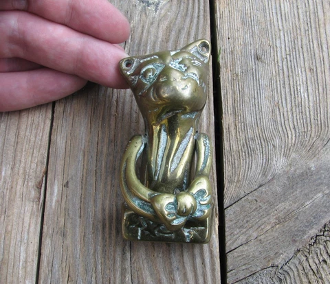 Small Old Brass Cat Door Knocker Cover