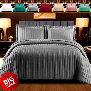 3 Piece Quilted Bedspread Embossed Bedding Set Single Double King Size Bed Throw - Picture 1 of 65