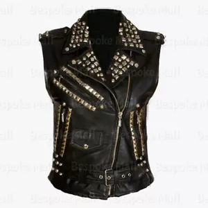 New Men's Handmade Silver Studded Punk Unique Cowhide Biker Leather Vest-731 - Picture 1 of 3